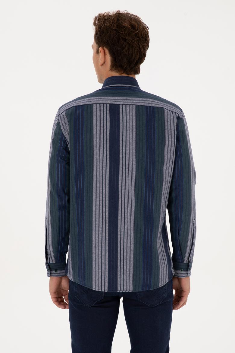 Erkek Koyu Yeşil Çizgili Uzun Kollu Gömlek - 50308219008