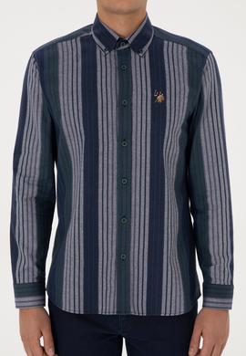 Erkek Koyu Yeşil Çizgili Uzun Kollu Gömlek - 50308219008