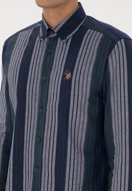 Erkek Koyu Yeşil Çizgili Uzun Kollu Gömlek - 50308219008