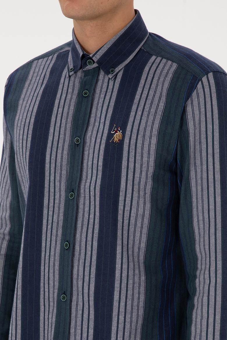 Erkek Koyu Yeşil Çizgili Uzun Kollu Gömlek - 50308219008