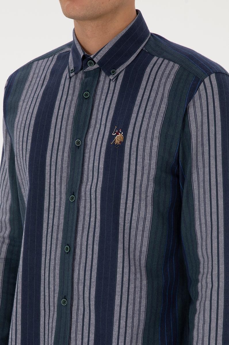 Erkek Koyu Yeşil Çizgili Uzun Kollu Gömlek