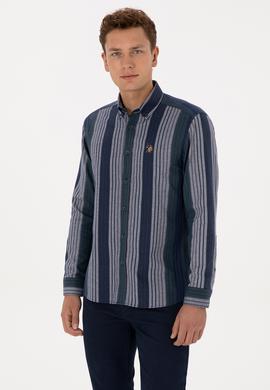 Erkek Koyu Yeşil Çizgili Uzun Kollu Gömlek - 50308219008