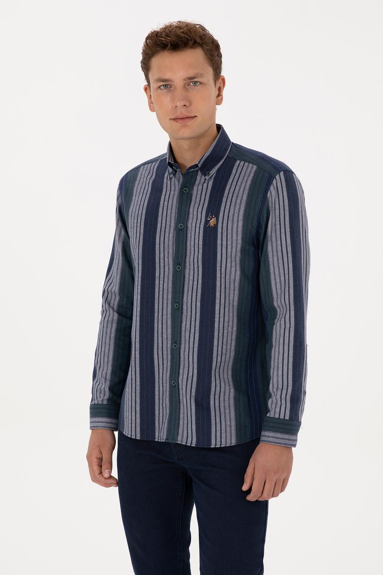 Erkek Koyu Yeşil Çizgili Uzun Kollu Gömlek - 50308219008