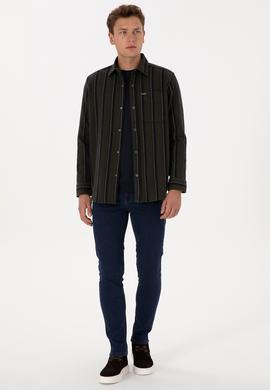 Erkek Koyu Yeşil Çizgili Uzun Kollu Gömlek - 50308503017
