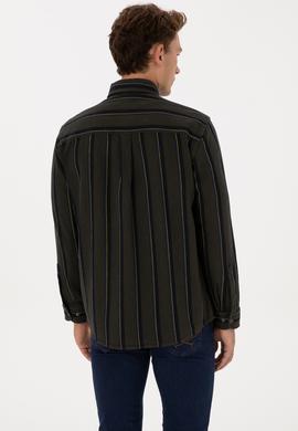 Erkek Koyu Yeşil Çizgili Uzun Kollu Gömlek - 50308503017