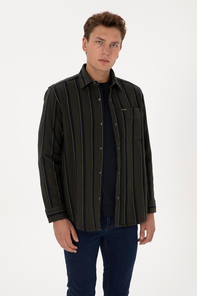 Erkek Koyu Yeşil Çizgili Uzun Kollu Gömlek