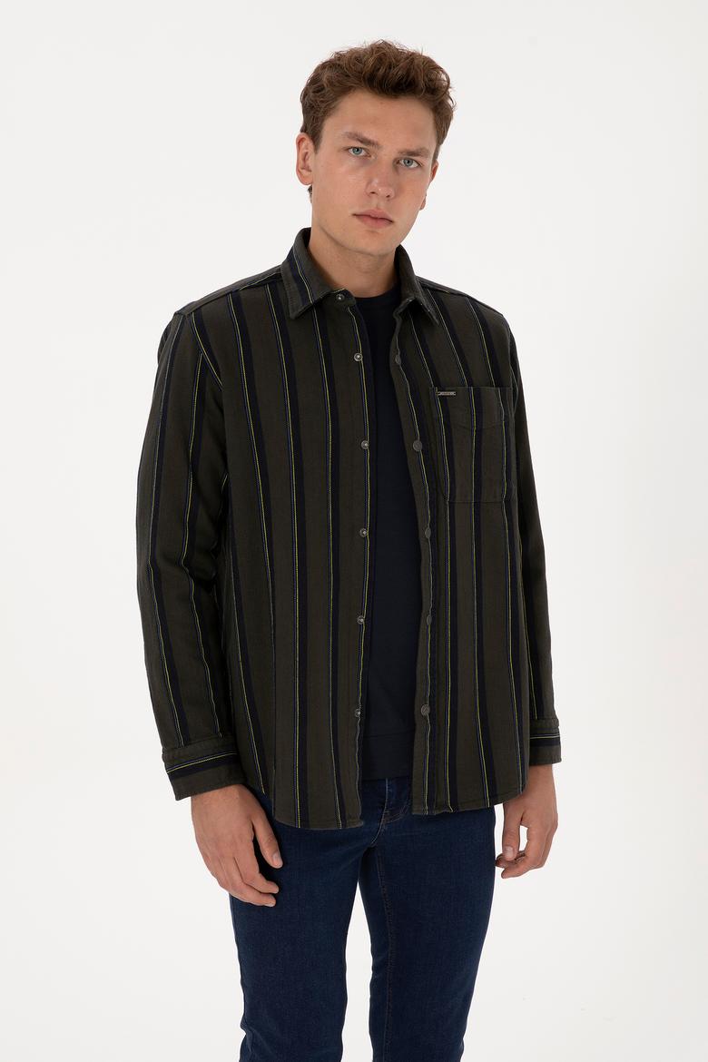 Erkek Koyu Yeşil Çizgili Uzun Kollu Gömlek
