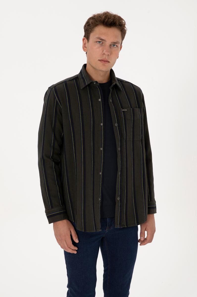 Erkek Koyu Yeşil Çizgili Uzun Kollu Gömlek