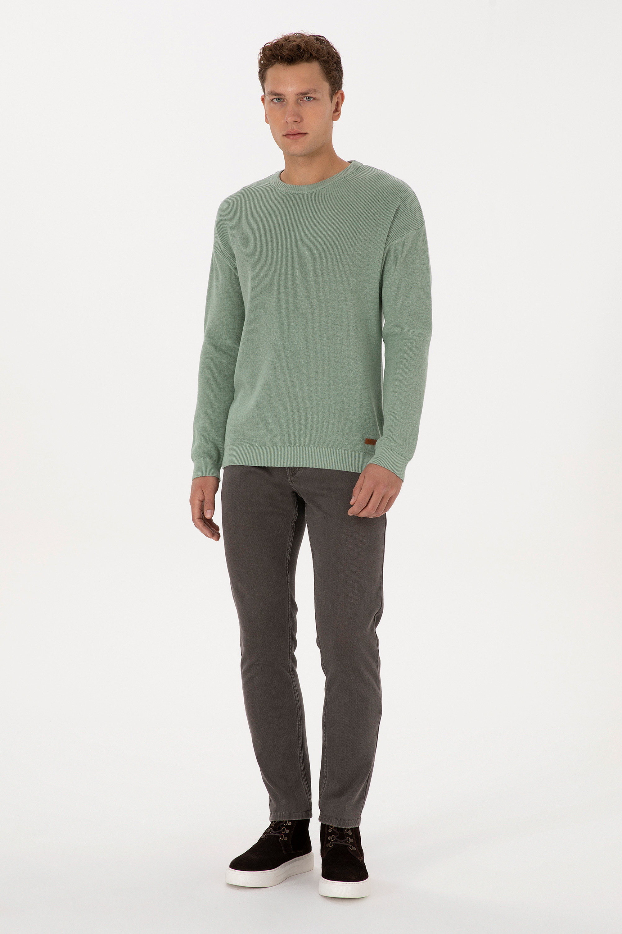 Erkek Comfort Fit Bisiklet Yaka Yeşil Melanj Basic Kazak - Image 4