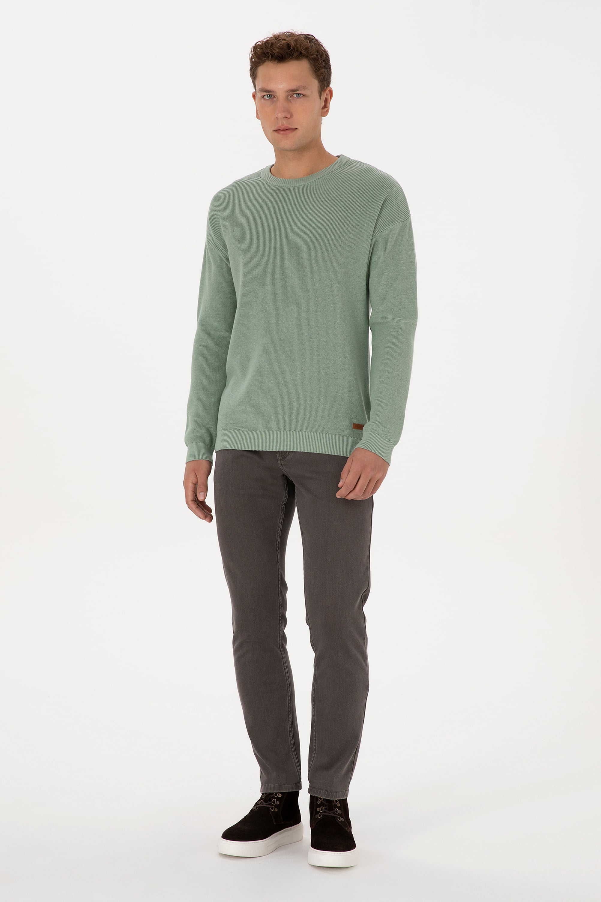 Erkek Comfort Fit Bisiklet Yaka Yeşil Melanj Basic Kazak