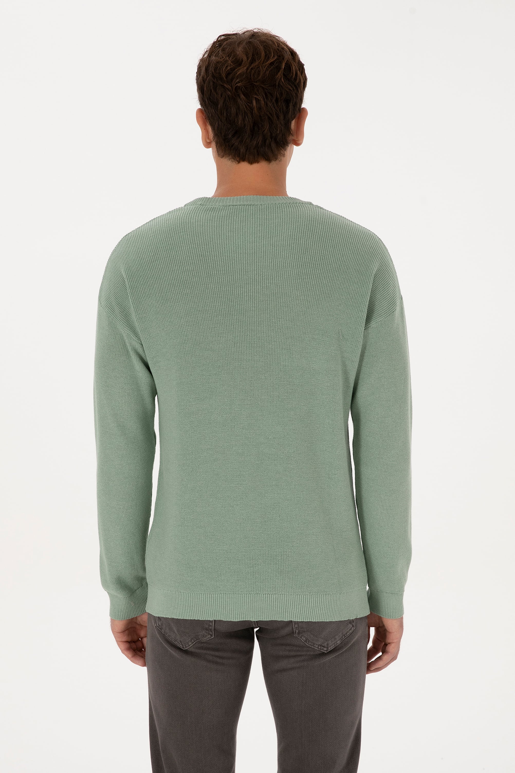 Erkek Comfort Fit Bisiklet Yaka Yeşil Melanj Basic Kazak - Image 5