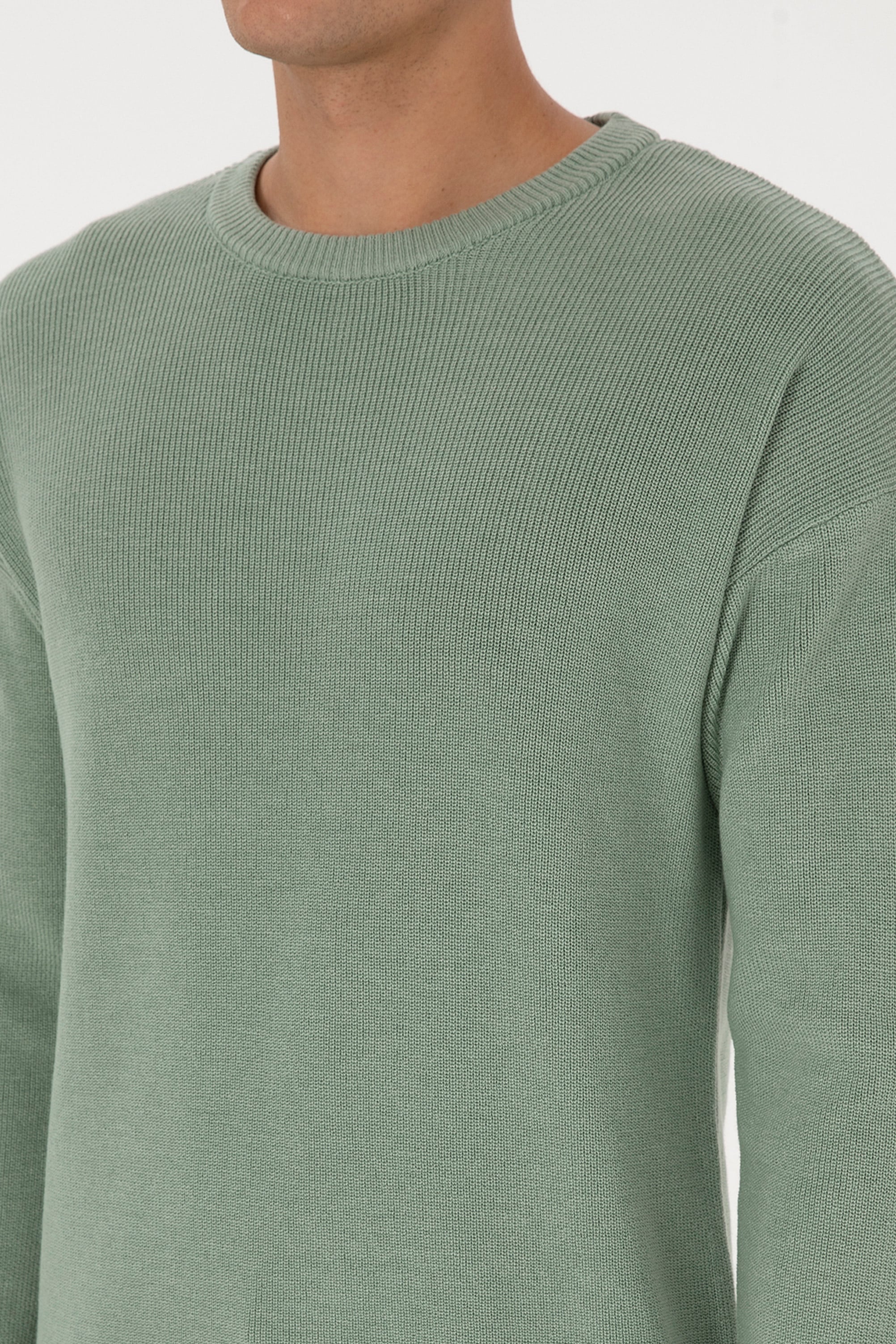 Erkek Comfort Fit Bisiklet Yaka Yeşil Melanj Basic Kazak - Image 7