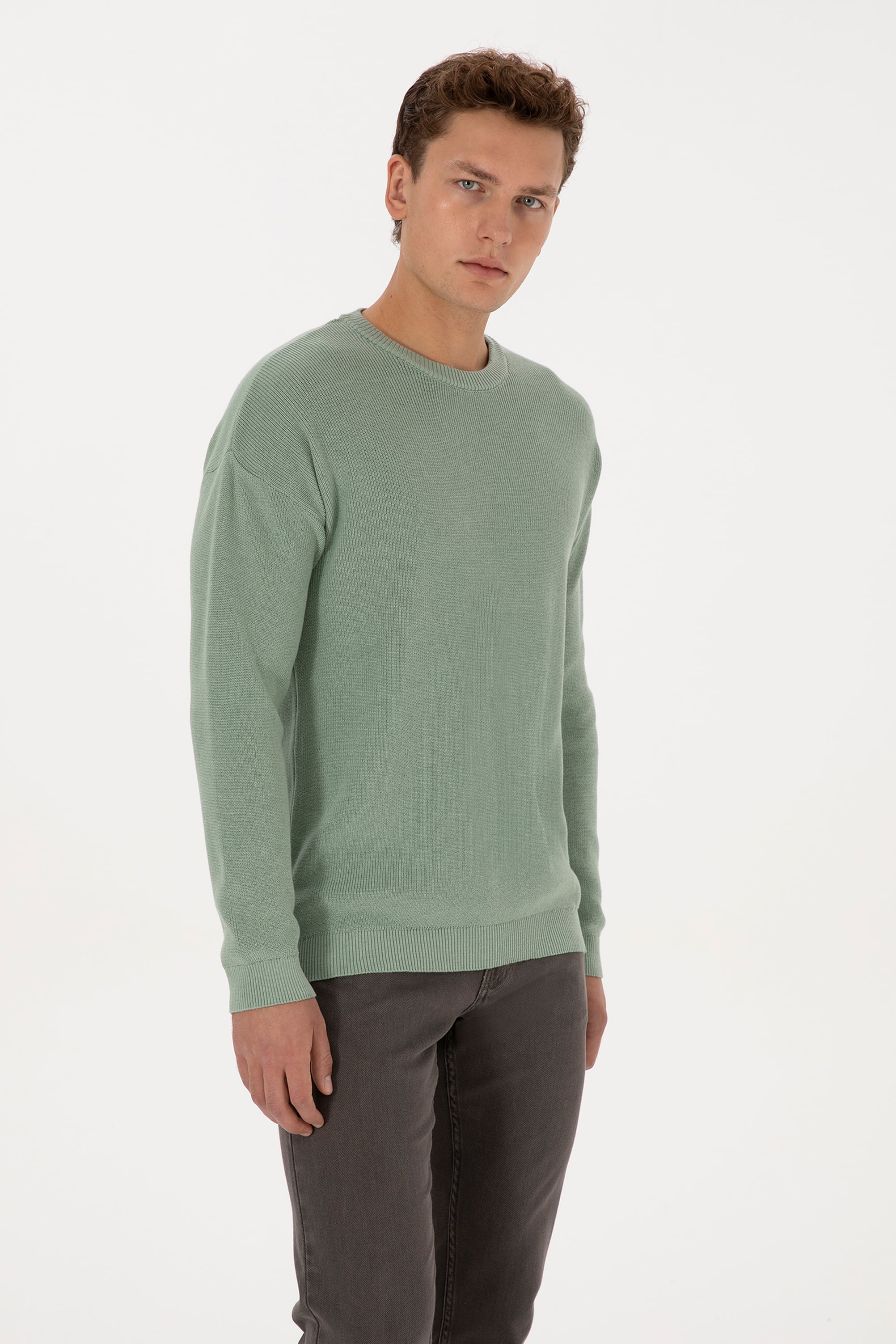 Erkek Comfort Fit Bisiklet Yaka Yeşil Melanj Basic Kazak