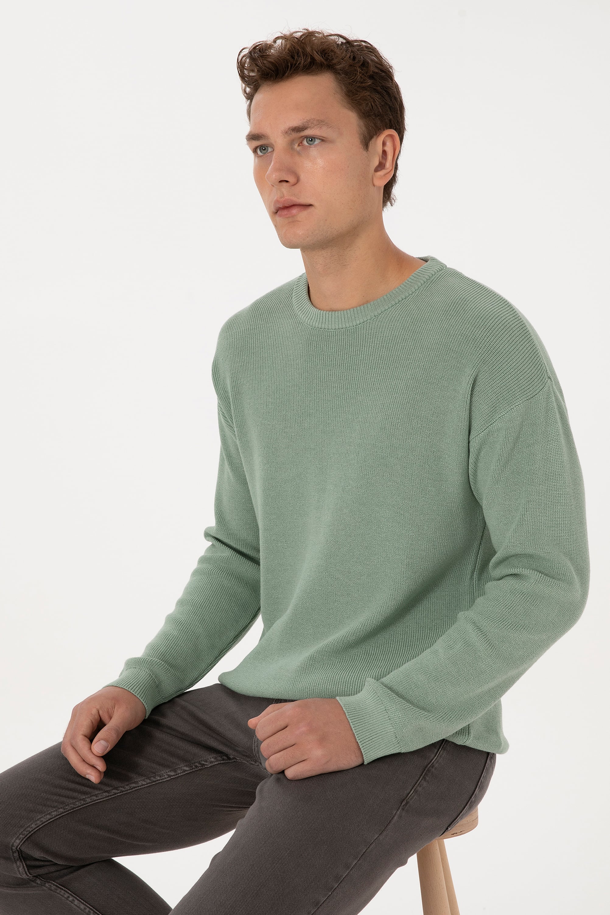 Erkek Comfort Fit Bisiklet Yaka Yeşil Melanj Basic Kazak - Image 1