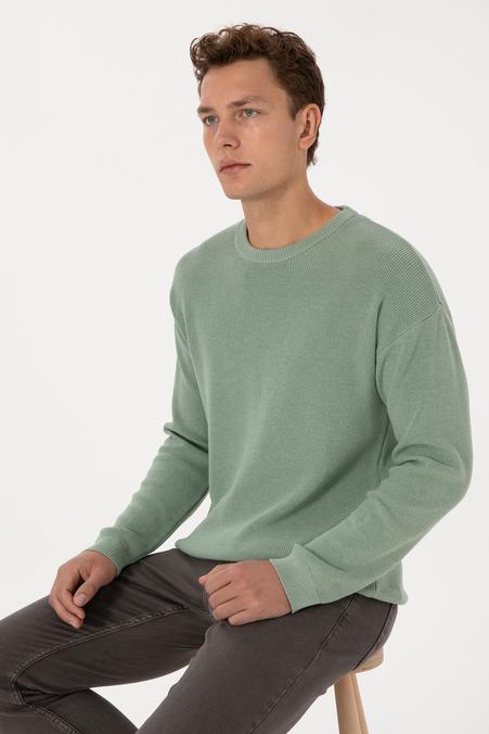 Erkek Comfort Fit Bisiklet Yaka Yeşil Melanj Basic Kazak