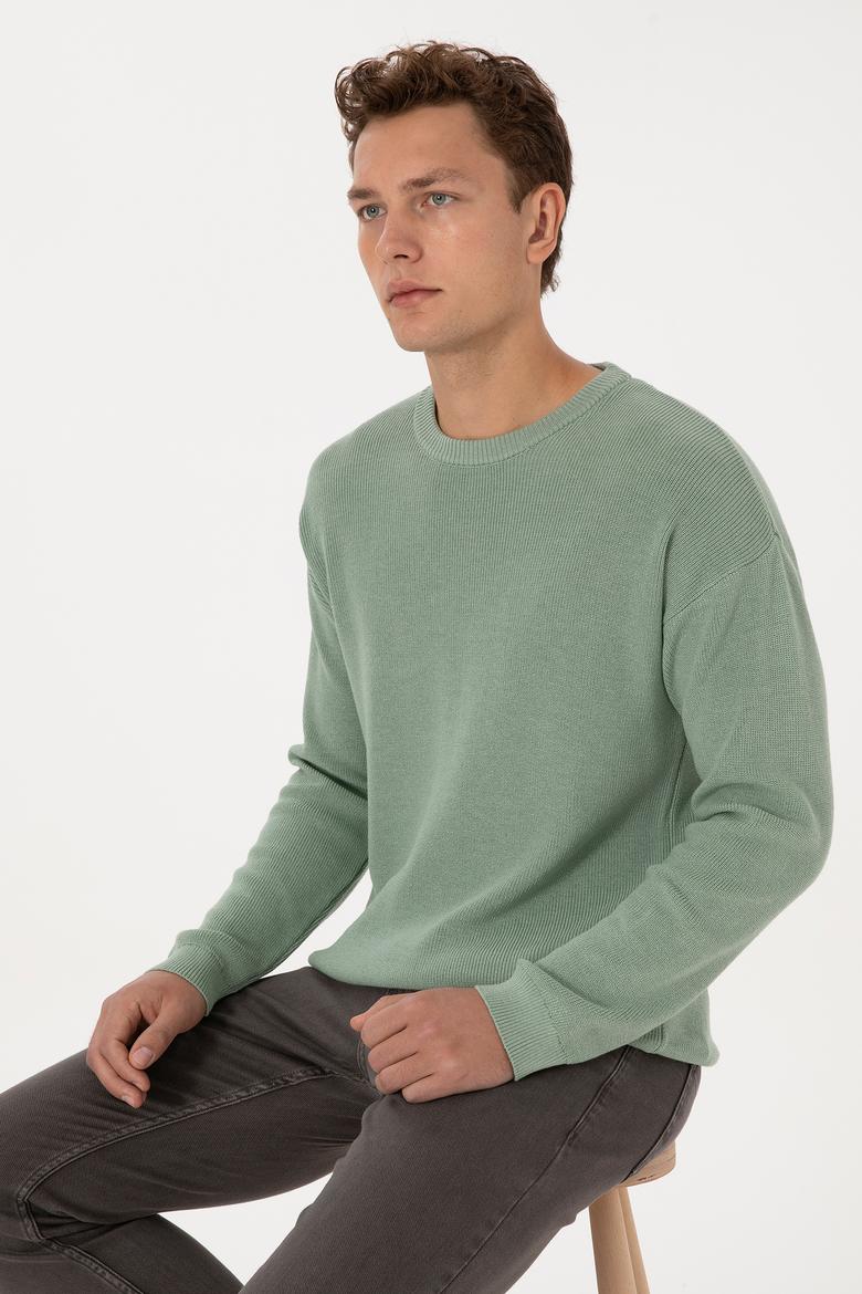 Erkek Comfort Fit Bisiklet Yaka Yeşil Melanj Basic Kazak