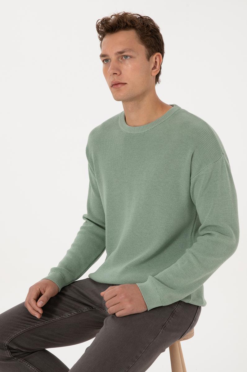 Erkek Comfort Fit Bisiklet Yaka Yeşil Melanj Basic Kazak