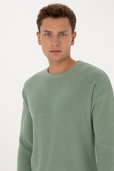 Erkek Comfort Fit Bisiklet Yaka Yeşil Melanj Basic Kazak