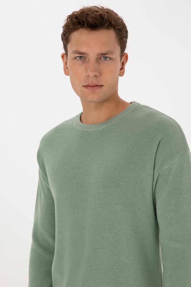 Erkek Comfort Fit Bisiklet Yaka Yeşil Melanj Basic Kazak