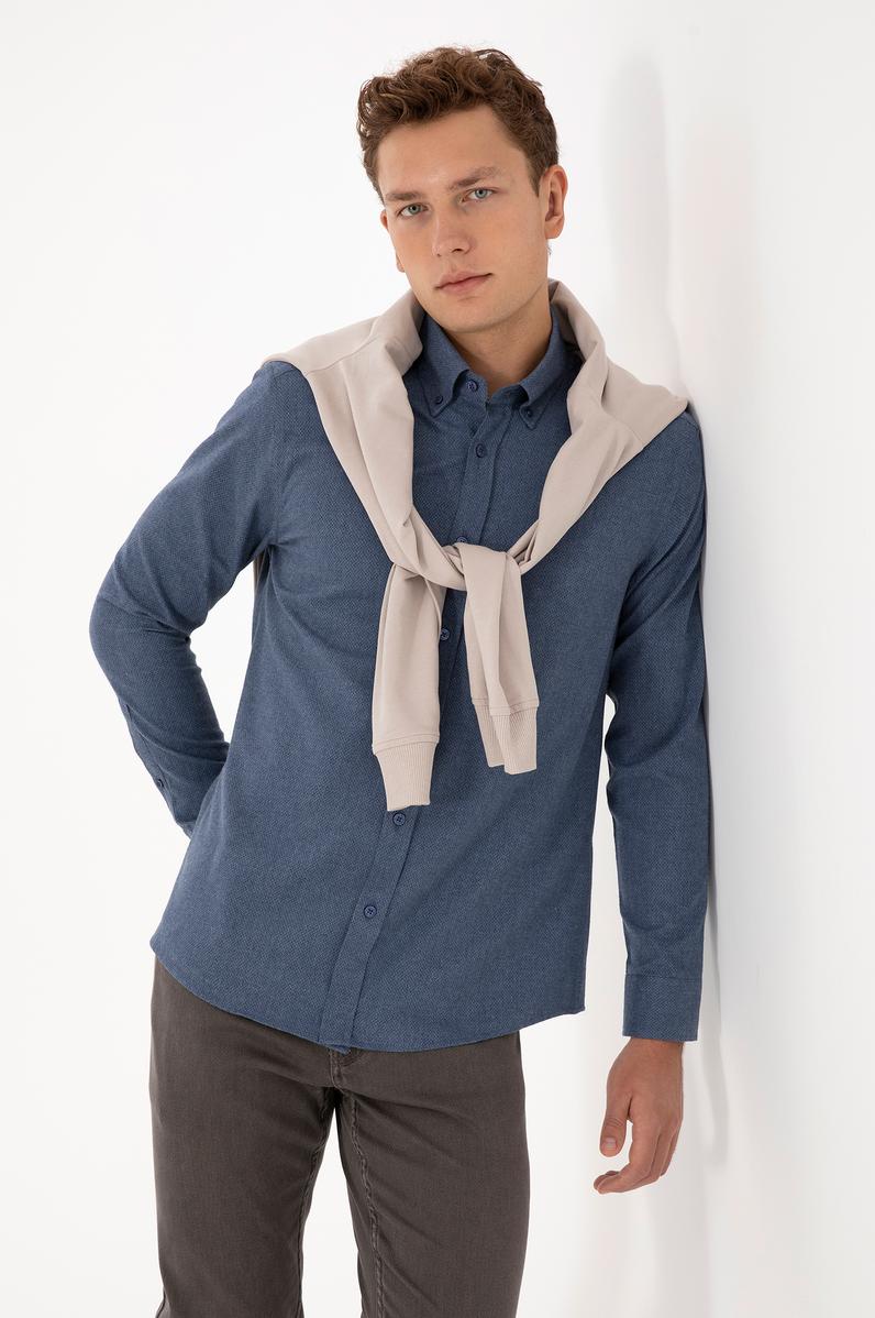 Erkek Açık Lacivert Uzun Kollu Gömlek