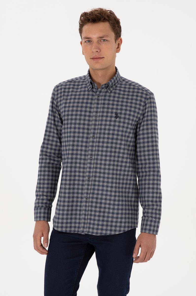 Erkek Lacivert Uzun Kollu Kareli Gömlek