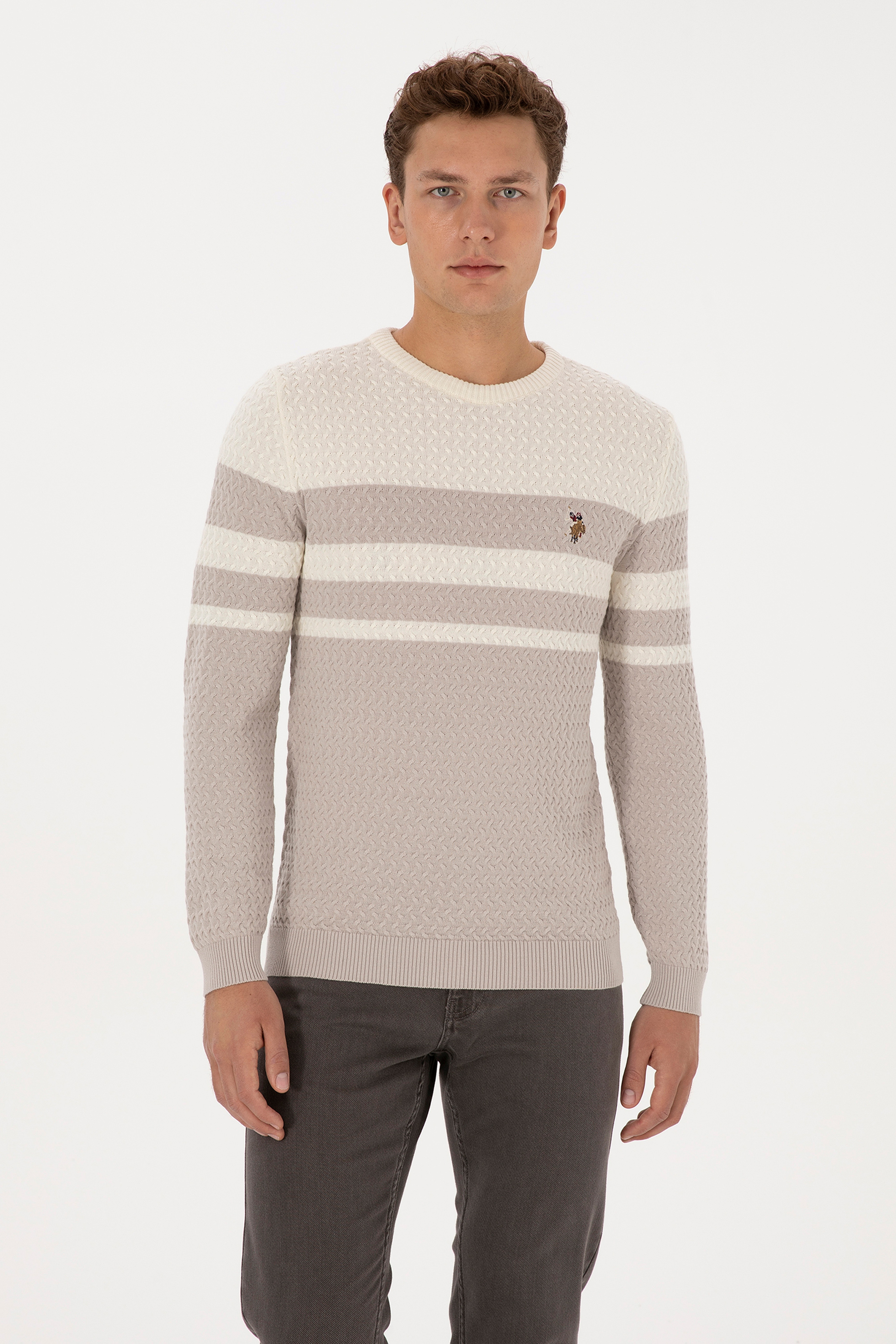 Erkek Slim Fit Bisiklet Yaka Taş Kazak
