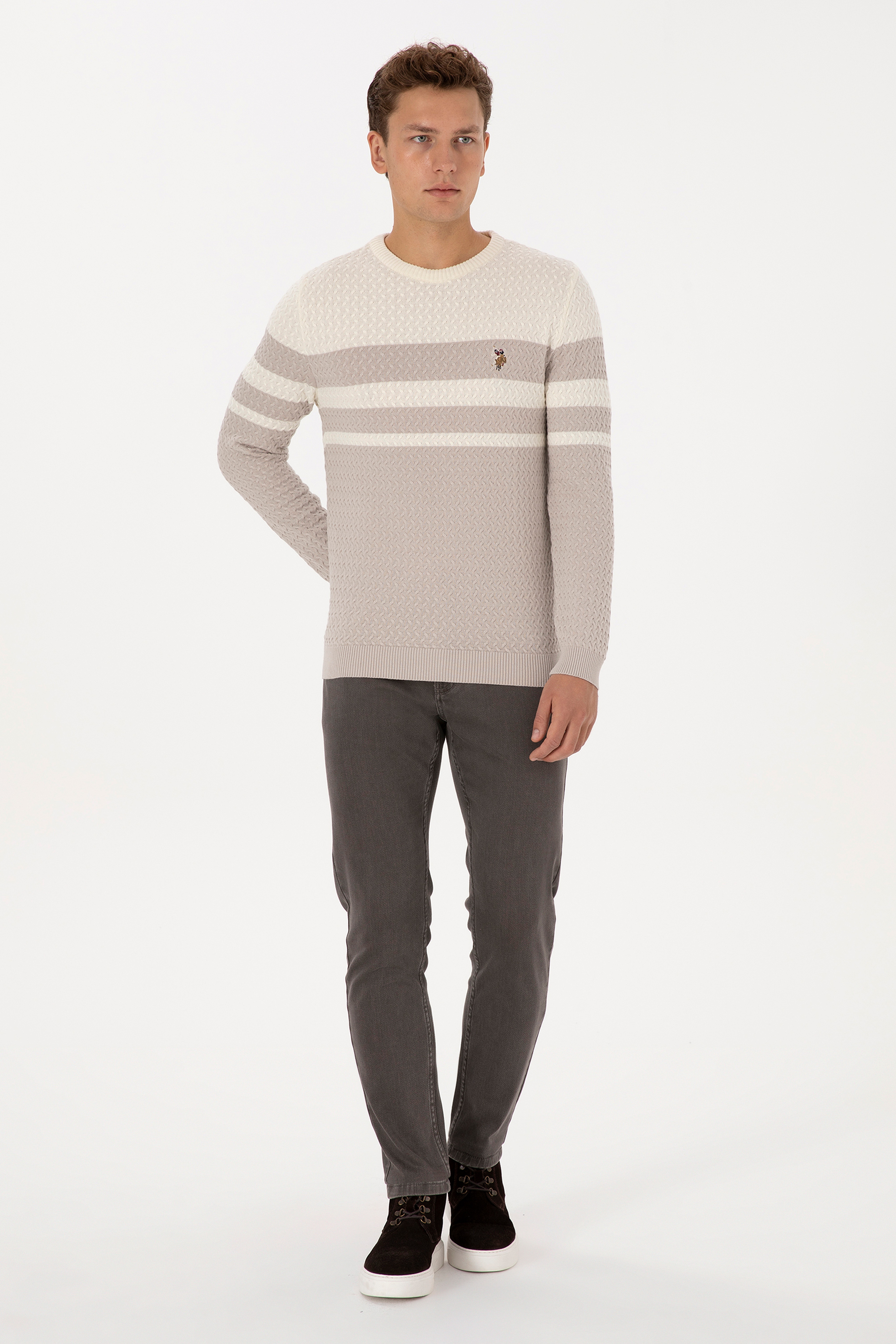 Erkek Slim Fit Bisiklet Yaka Taş Kazak