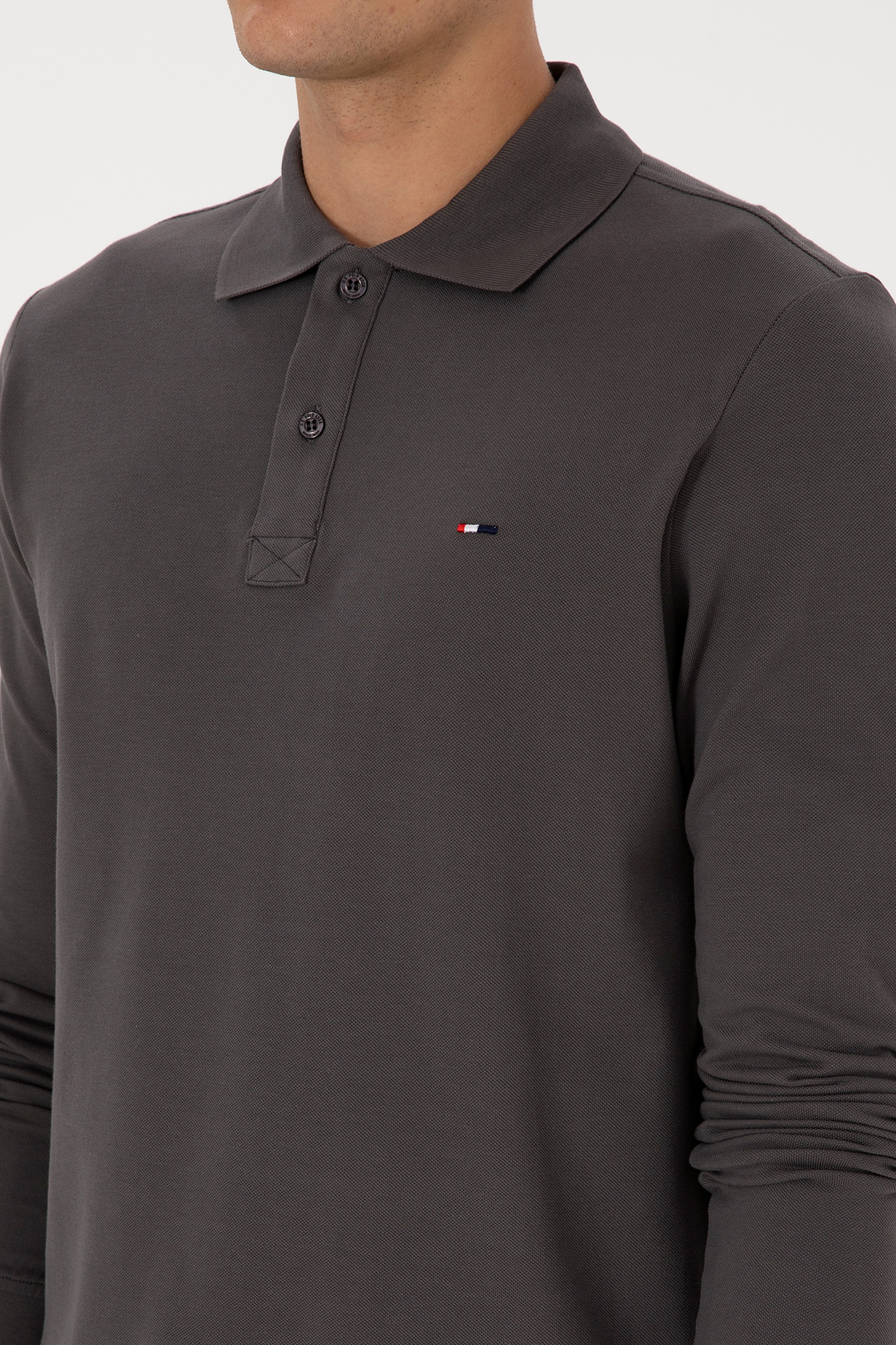 Erkek Regular Fit Polo Yaka Gri Basic Sweatshirt - Image 7