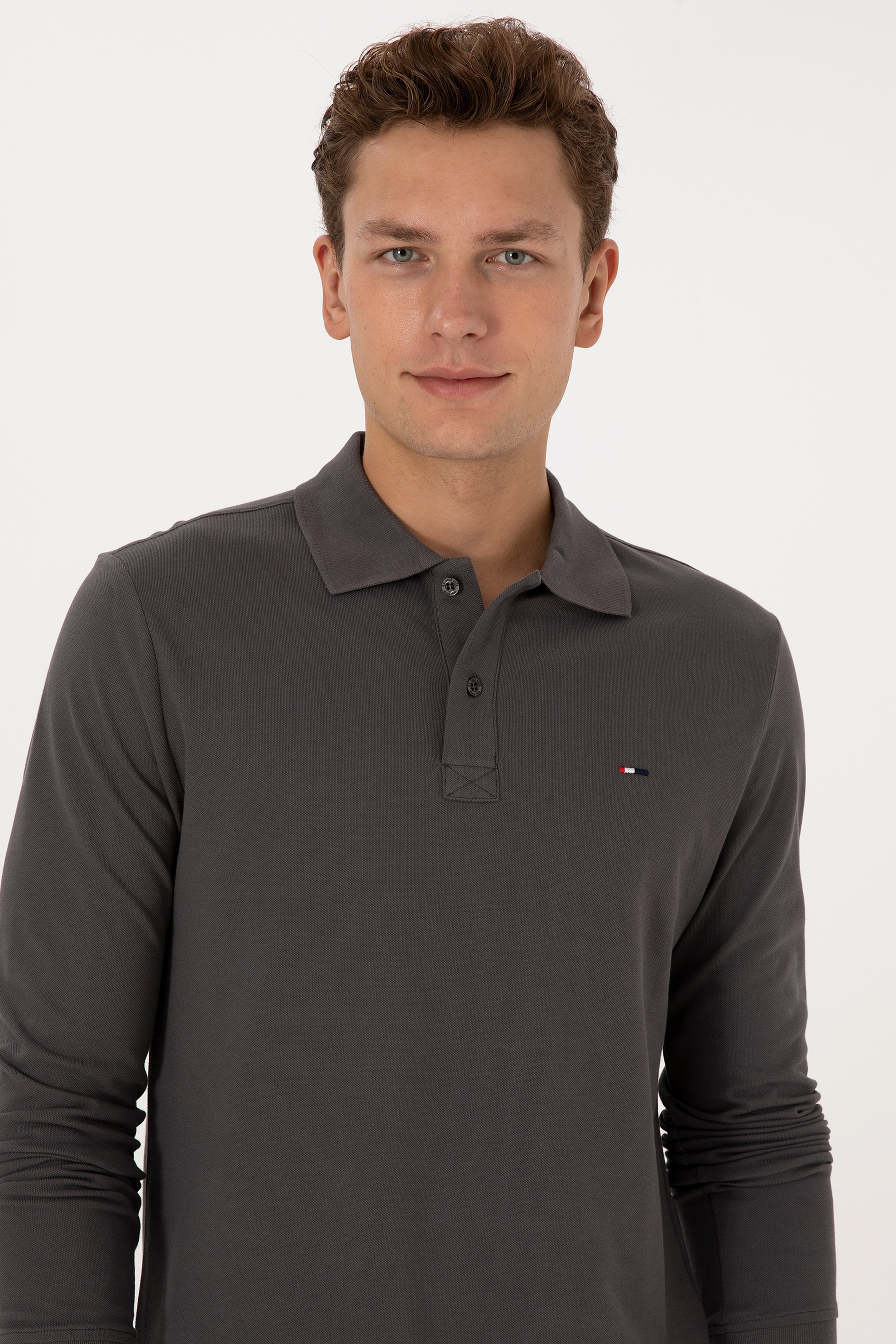 Erkek Regular Fit Polo Yaka Gri Basic Sweatshirt - Image 2
