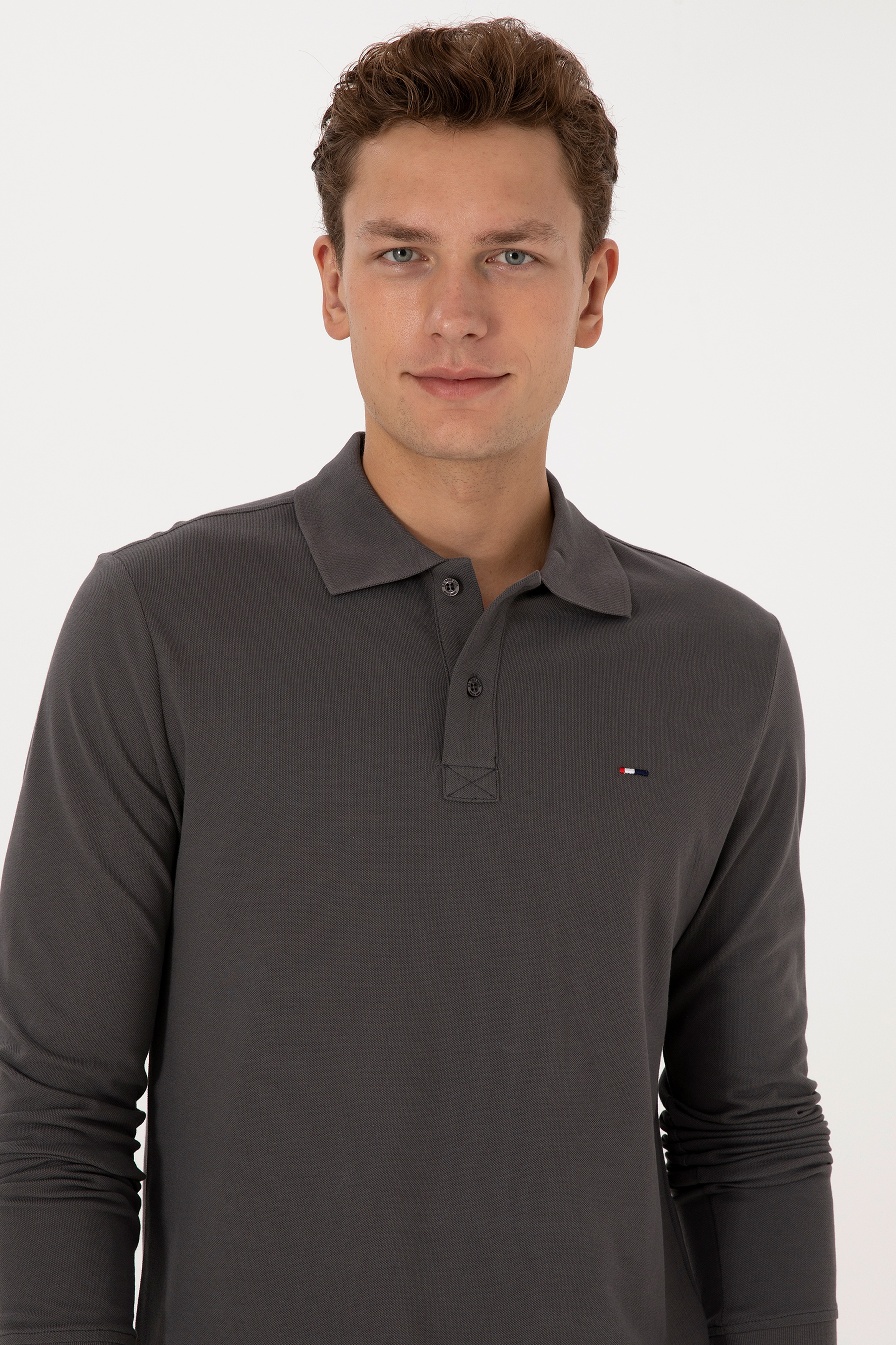 Erkek Regular Fit Polo Yaka Gri Basic Sweatshirt