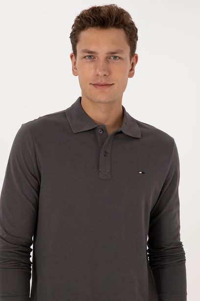 Erkek Regular Fit Polo Yaka Gri Basic Sweatshirt