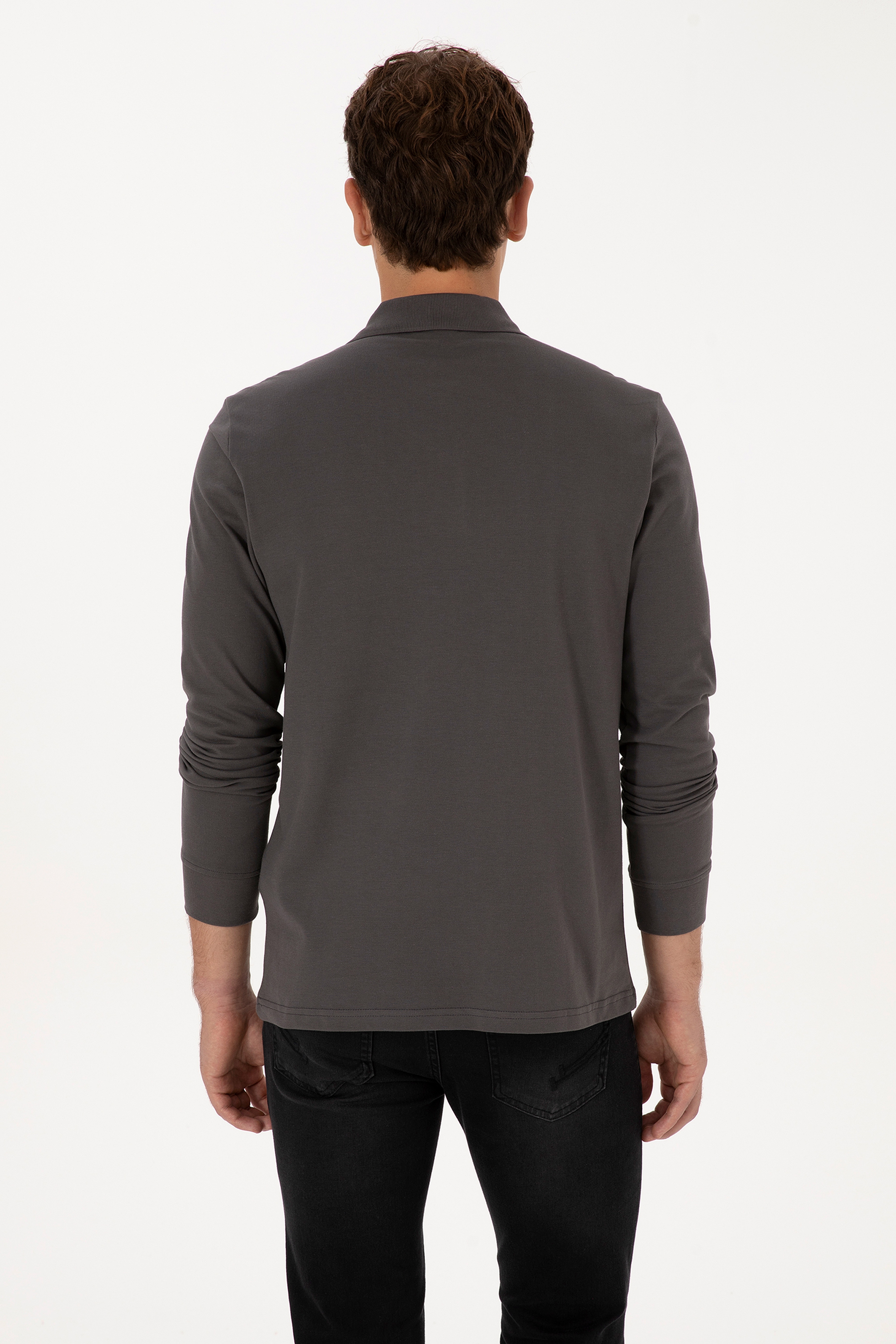 Erkek Regular Fit Polo Yaka Gri Basic Sweatshirt - Image 5