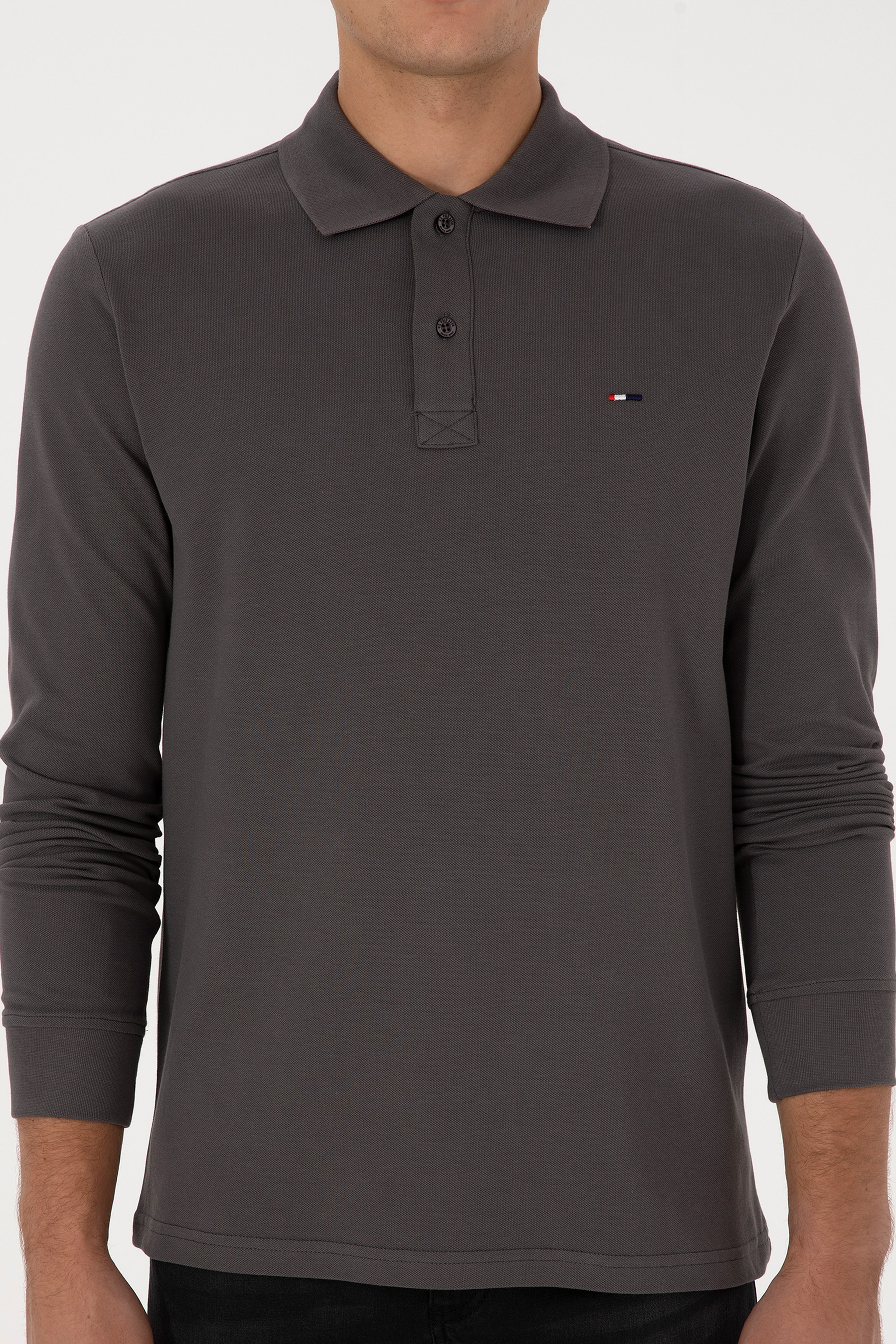 Erkek Regular Fit Polo Yaka Gri Basic Sweatshirt