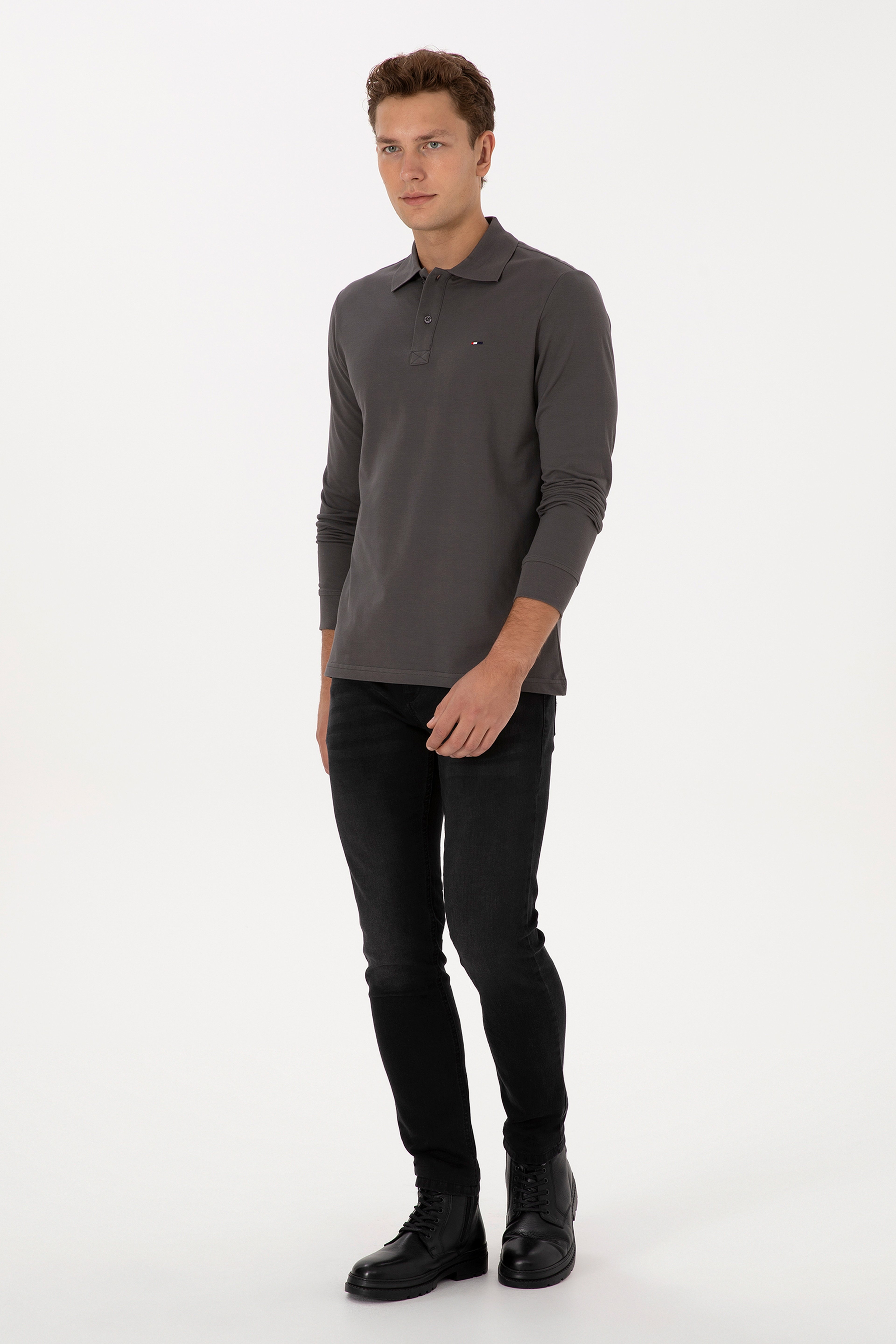 Erkek Regular Fit Polo Yaka Gri Basic Sweatshirt
