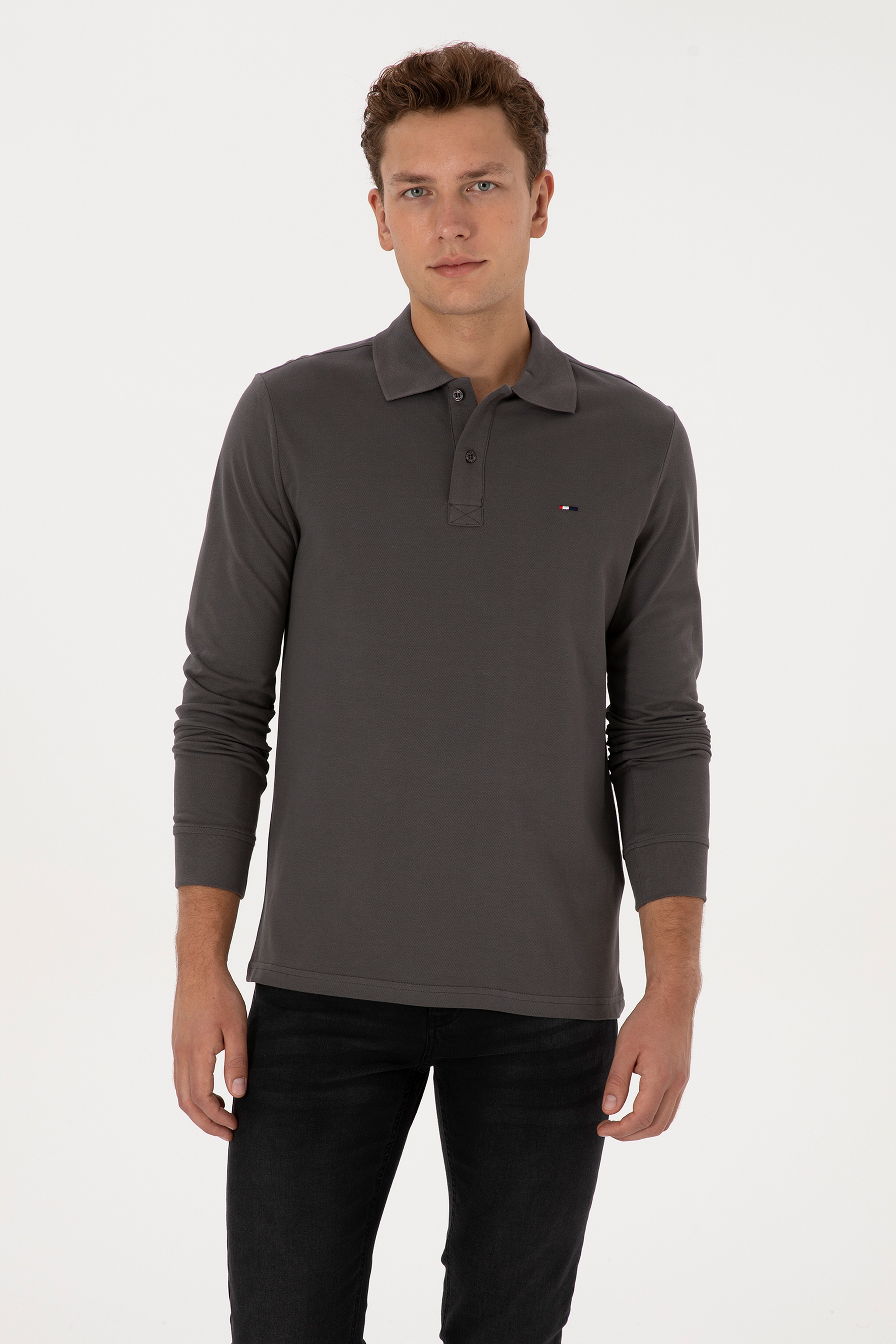Erkek Regular Fit Polo Yaka Gri Basic Sweatshirt