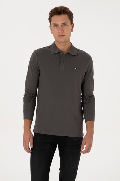 Erkek Regular Fit Polo Yaka Gri Basic Sweatshirt