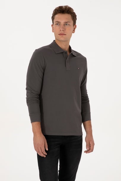 Erkek Regular Fit Polo Yaka Gri Basic Sweatshirt