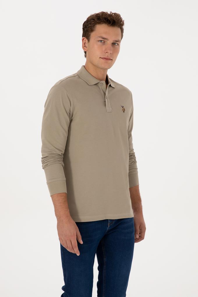 Erkek Regular Fit Polo Yaka Açık Haki Basic Sweatshirt