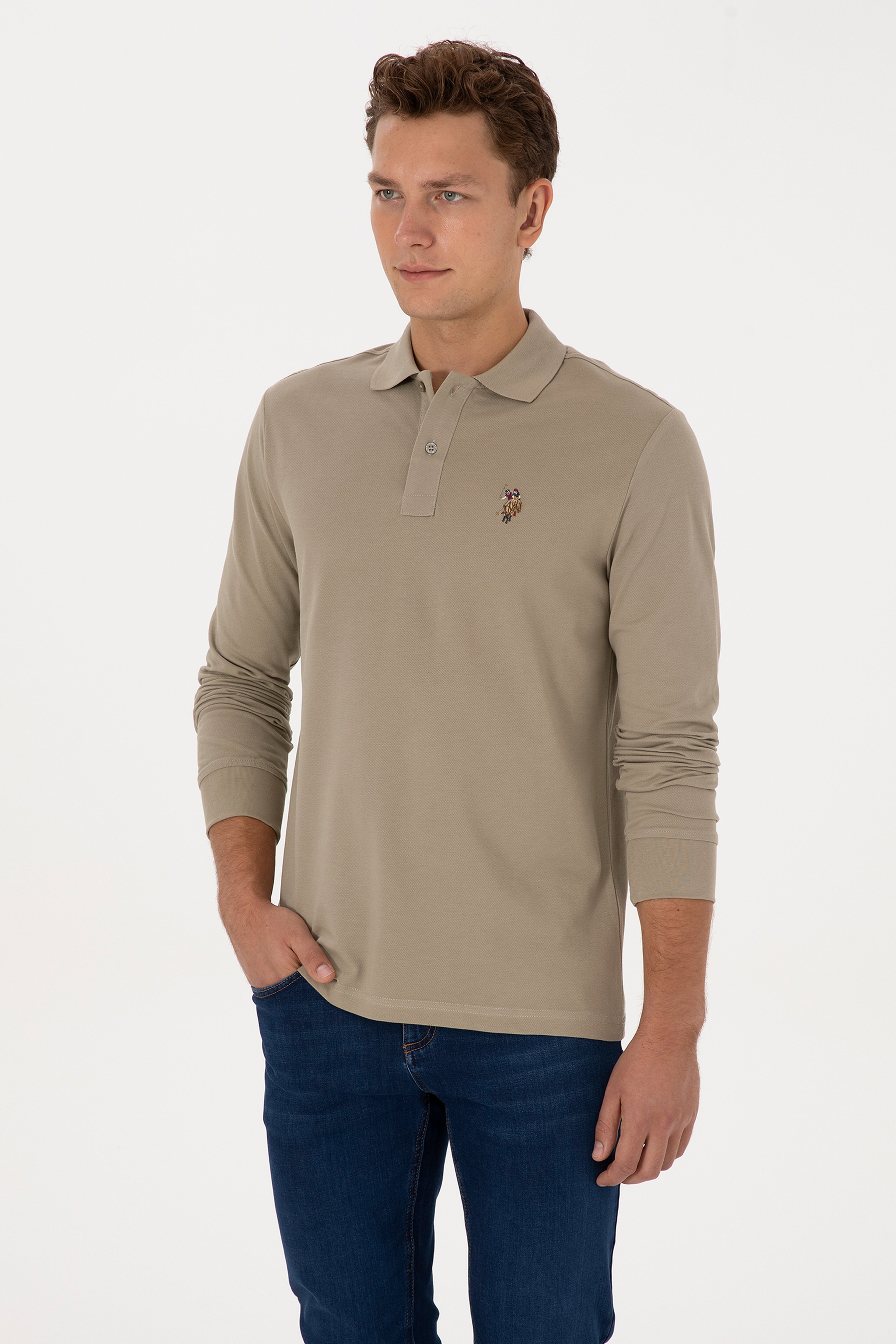 Erkek Regular Fit Polo Yaka Açık Haki Basic Sweatshirt
