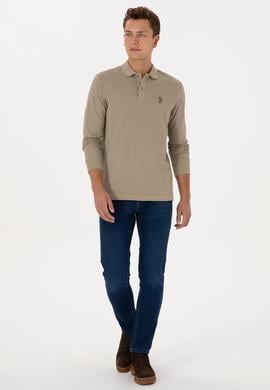 Erkek Regular Fit Polo Yaka Açık Haki Basic Sweatshirt - 50313772156