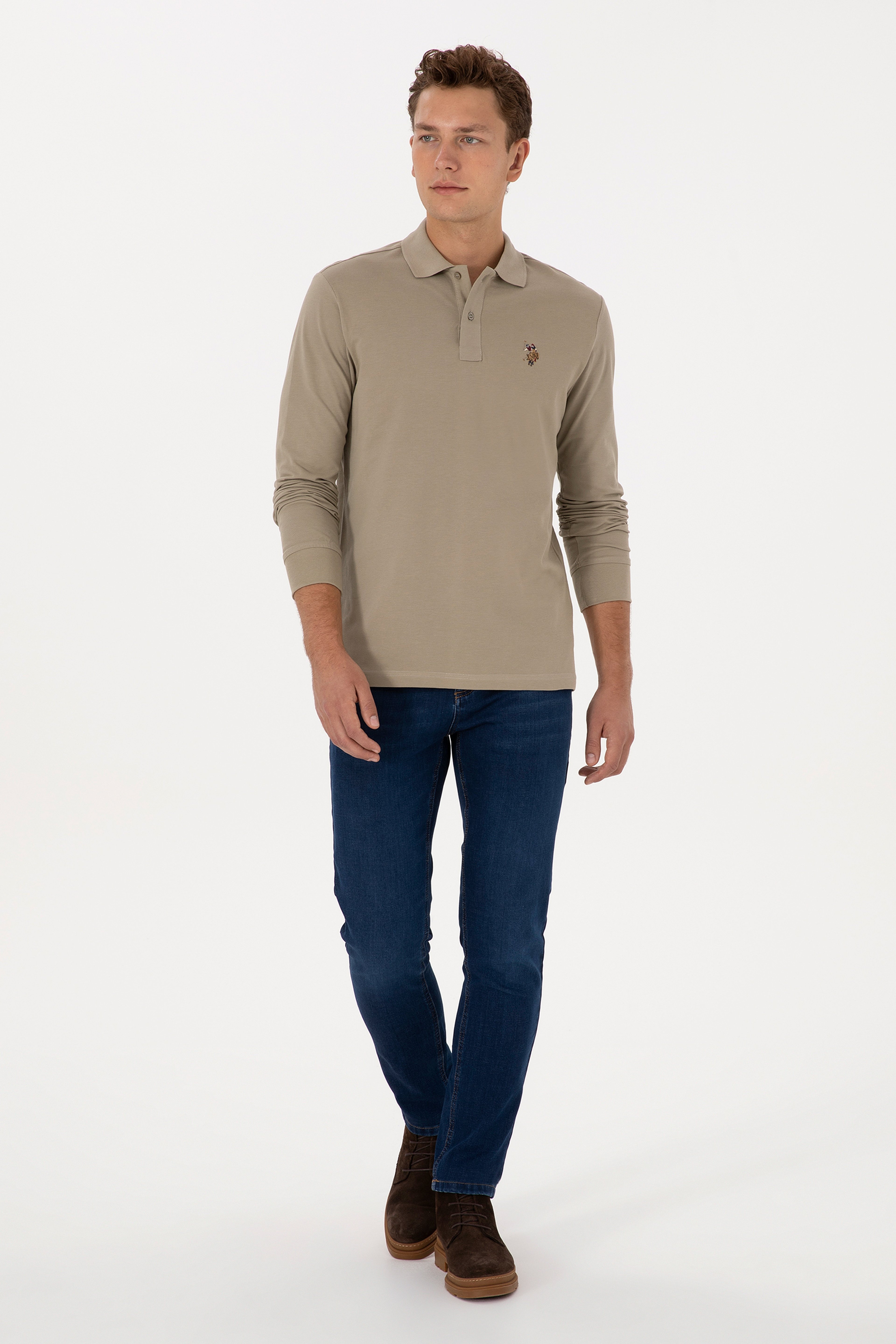 Erkek Regular Fit Polo Yaka Açık Haki Basic Sweatshirt - Image 4