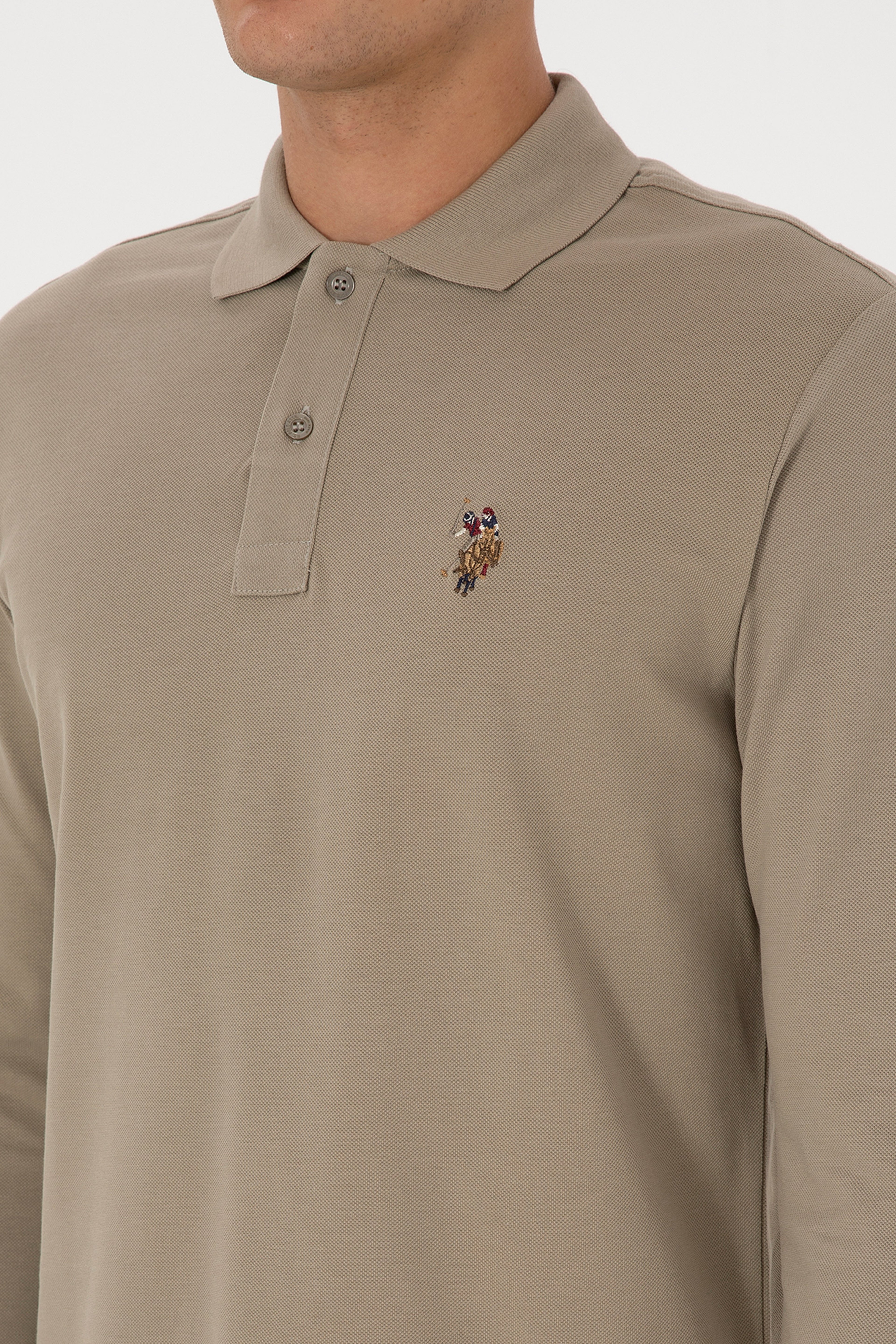 Erkek Regular Fit Polo Yaka Açık Haki Basic Sweatshirt - Image 7