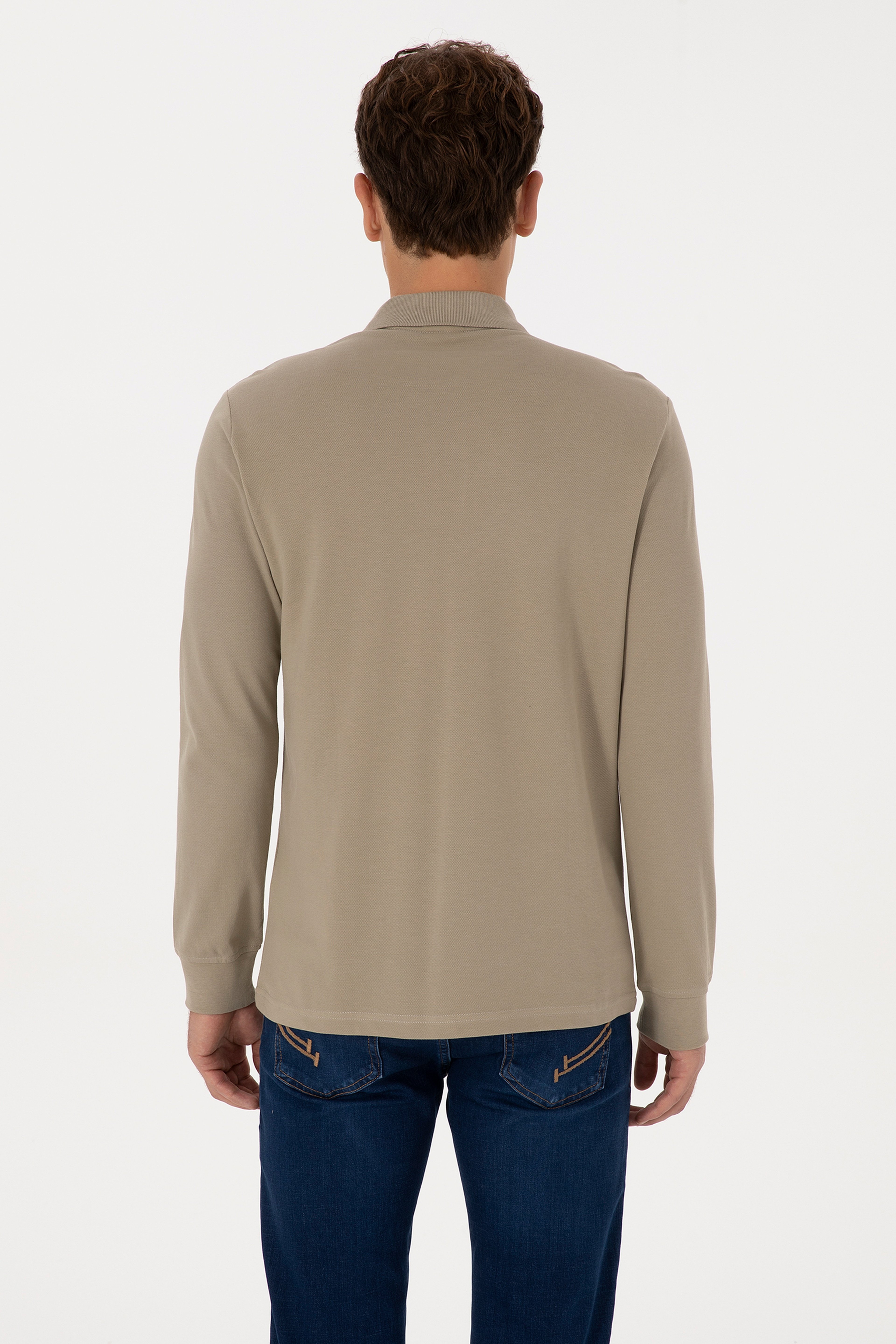 Erkek Regular Fit Polo Yaka Açık Haki Basic Sweatshirt - Image 5