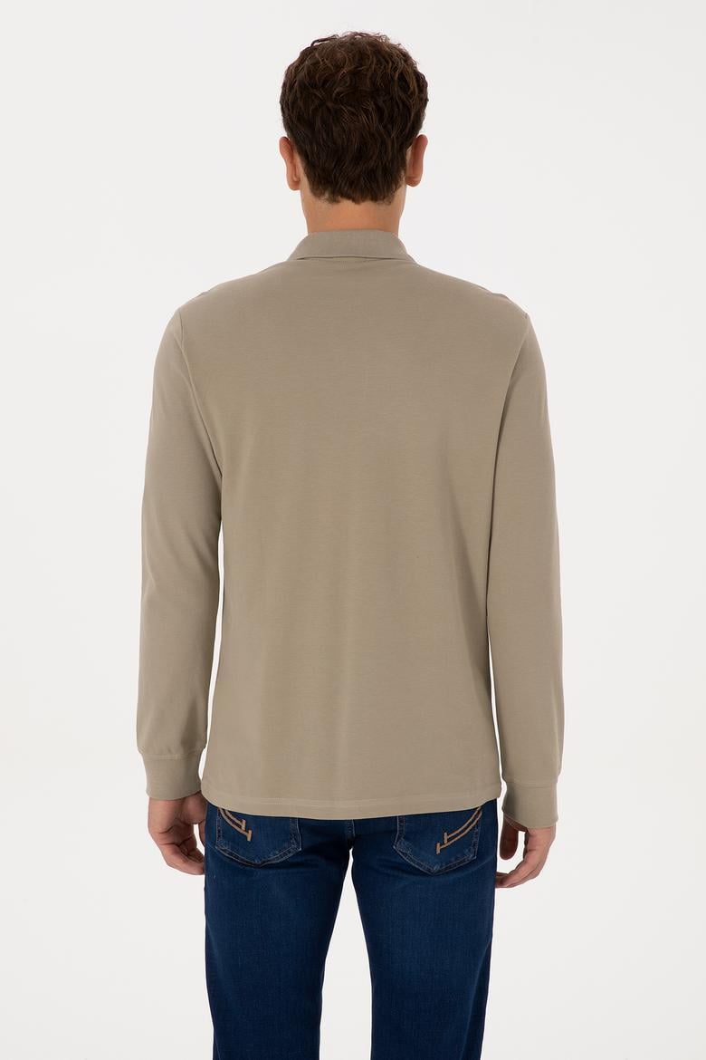 Erkek Regular Fit Polo Yaka Açık Haki Basic Sweatshirt - 50313772156