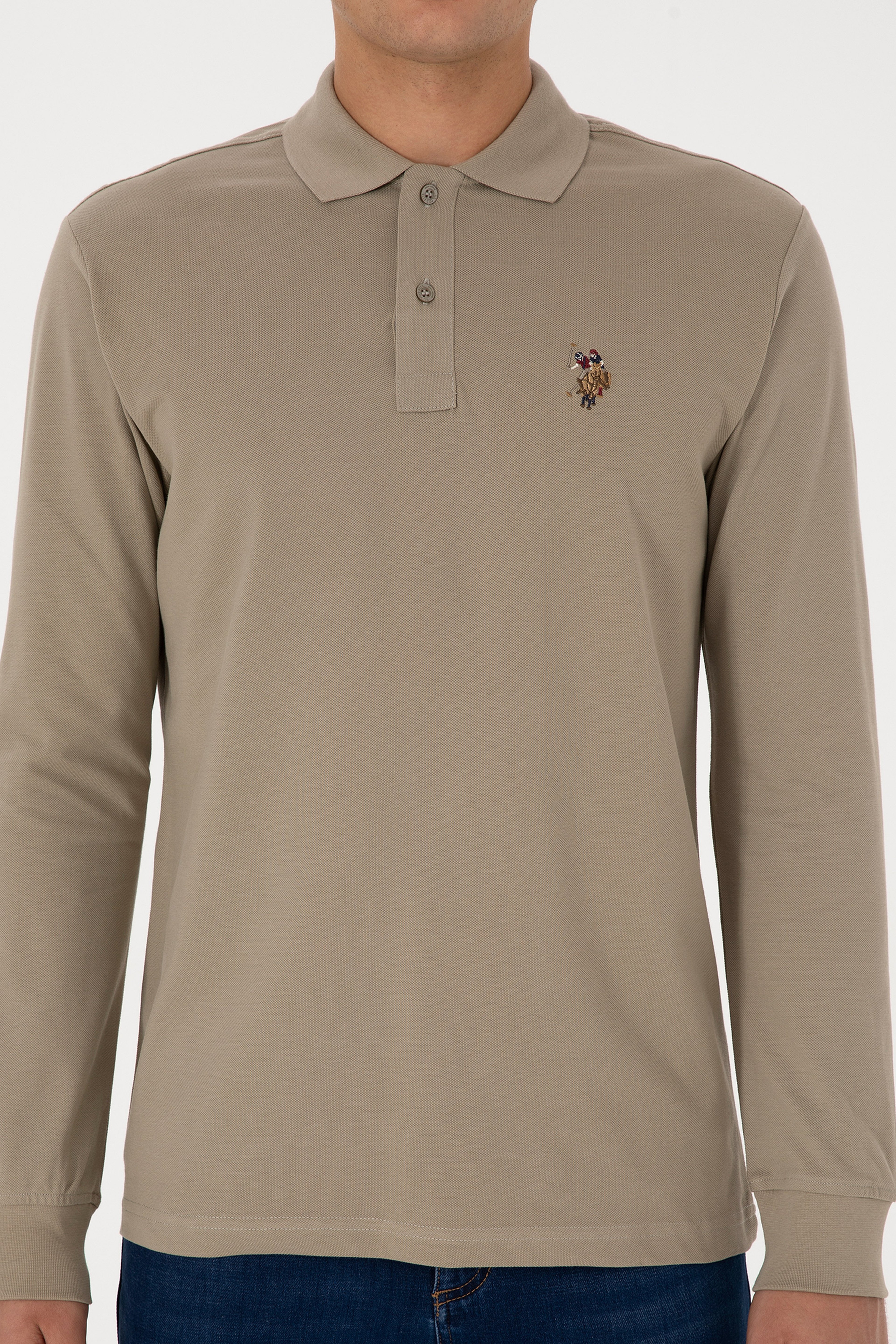 Erkek Regular Fit Polo Yaka Açık Haki Basic Sweatshirt - Image 6