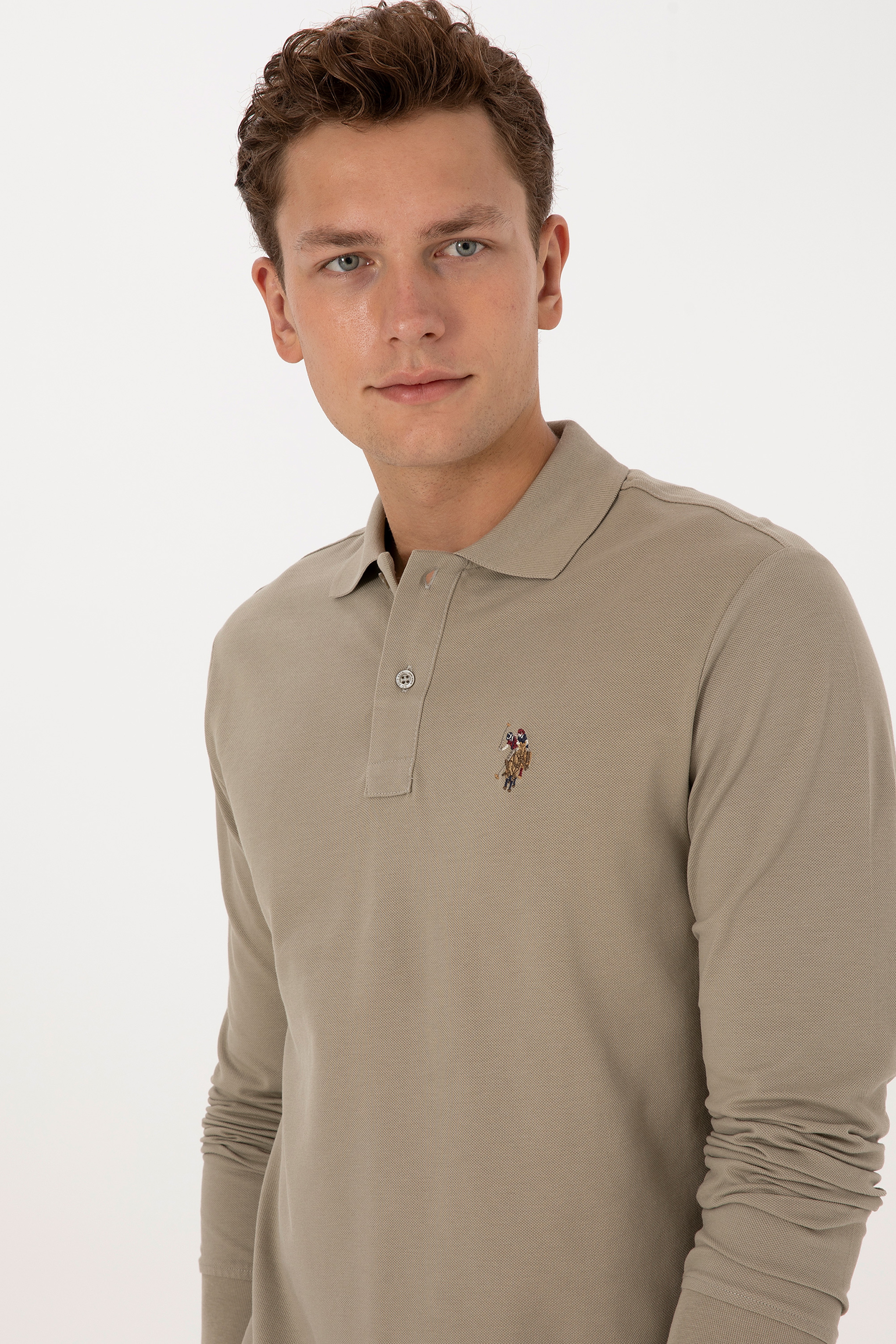 Erkek Regular Fit Polo Yaka Açık Haki Basic Sweatshirt - Image 2