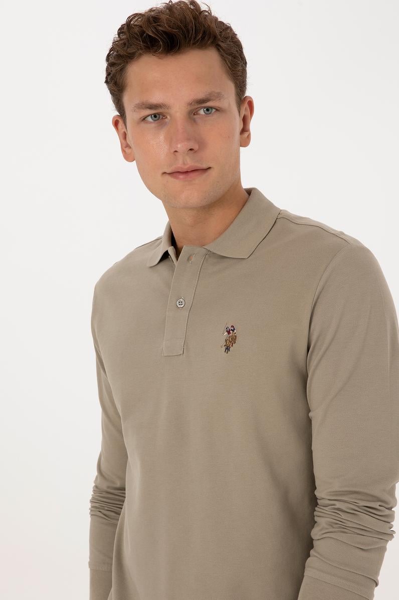 Erkek Regular Fit Polo Yaka Açık Haki Basic Sweatshirt