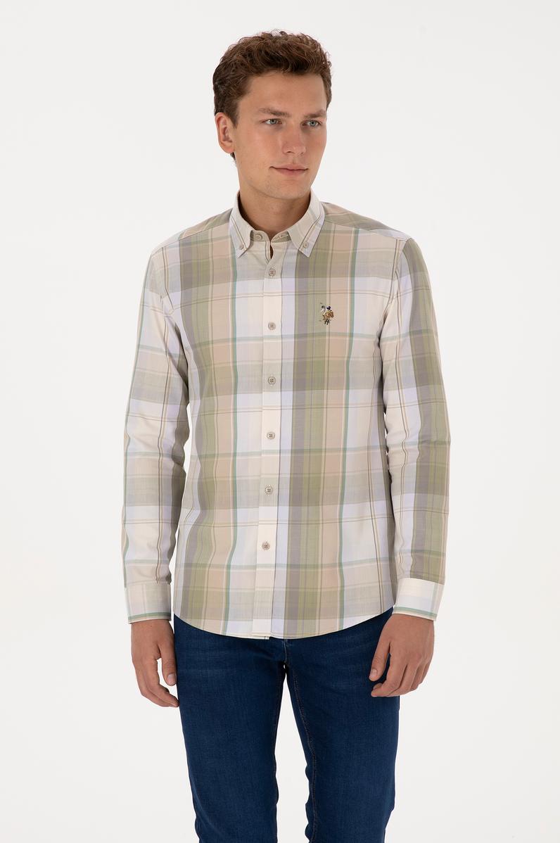 Erkek Bej Ekoseli Uzun Kollu Gömlek