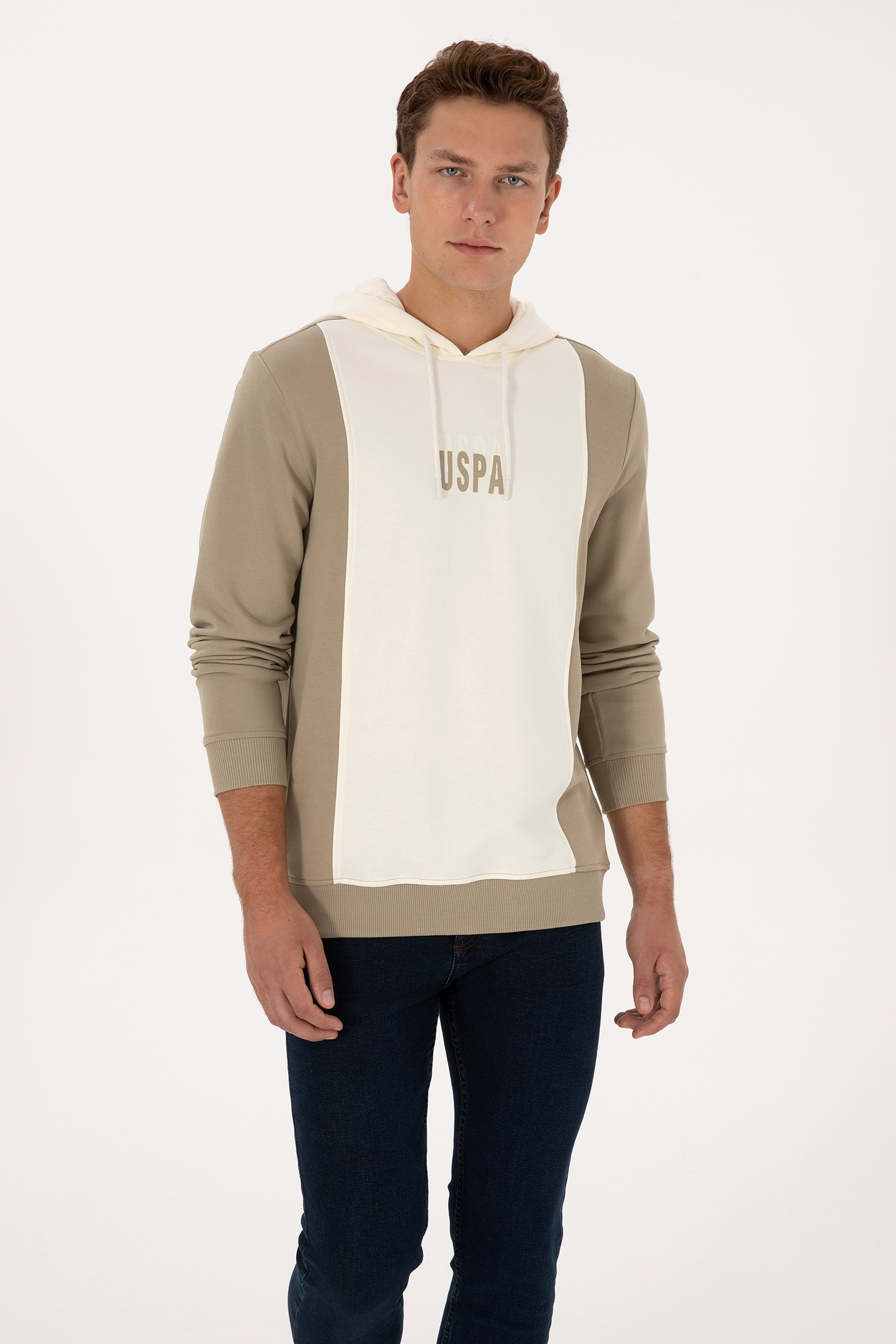 Erkek Regular Fit Kapüşonlu Açık Haki Sweatshirt - Image 1