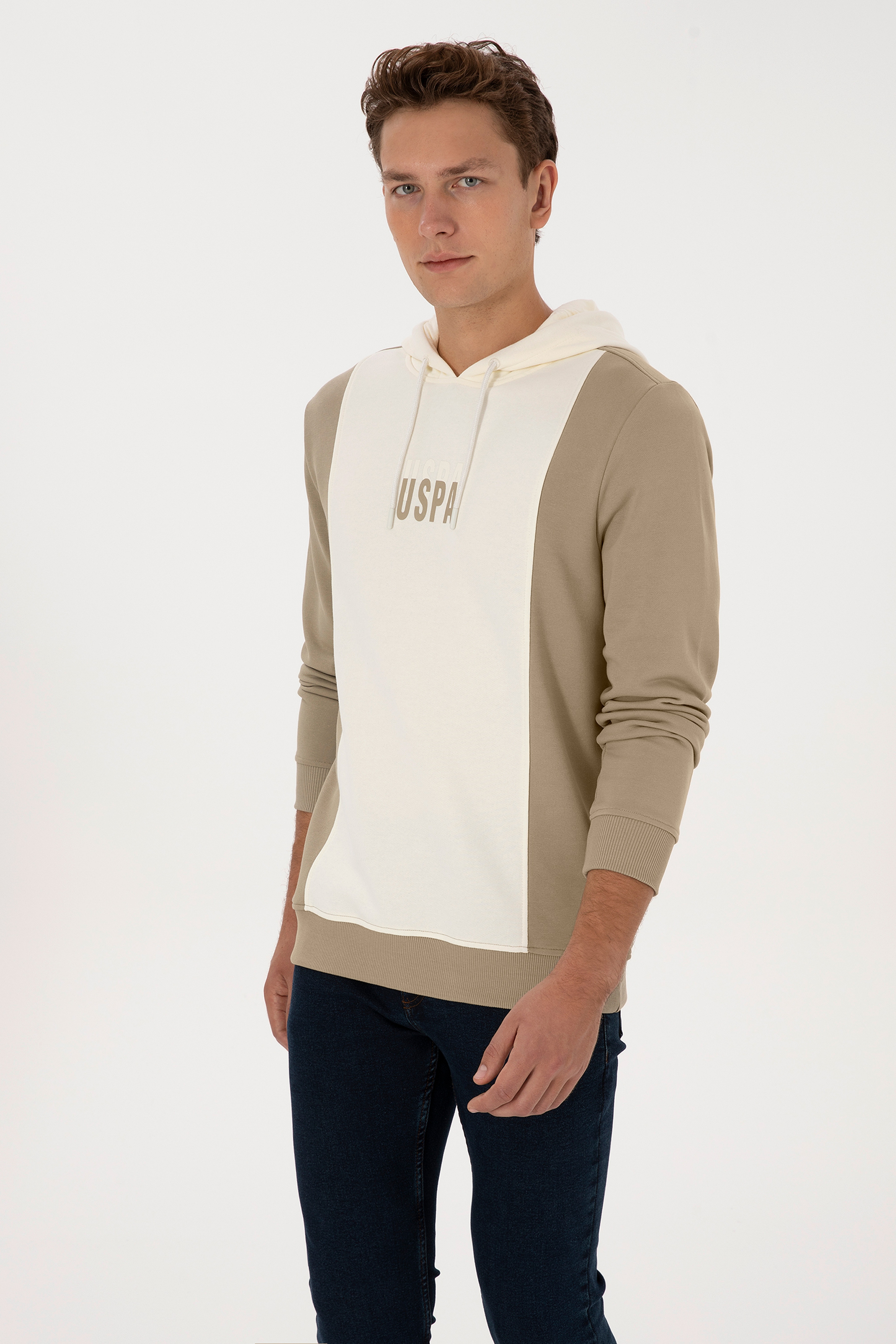 Erkek Regular Fit Kapüşonlu Açık Haki Sweatshirt - Image 3